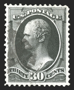 143, 30c Black with grill, an exceptionally fresh used example of this scarce grilled stamp, with especially strong color and an excellent impression on bright white paper,
well centered, lightly cancelled, a couple rows of grill points clearly