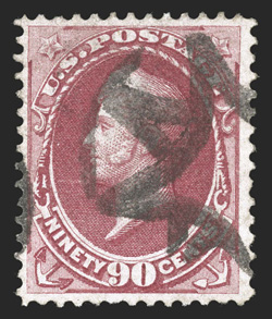 144, 90c Carmine with grill, used, wonderfully bright rich color, cancelled by a portion of a fancy NYFM postmark, clear grill, a fresh and fine example of this scarce high
value 1988 PF certificate.