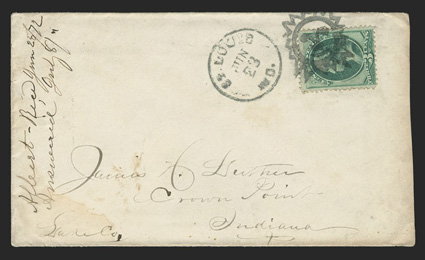 147, 3c Green, tied by beautifully struck and nearly complete sun face fancy cancel (Cole JO-97) to cover to Crown Point, Indiana, matching St. Louis, Mo.Jun 23 datestamp
alongside, 1872 docket at left, very fine and striking, 2010 PF cert