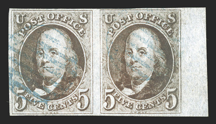 1, 5c Red brown, handsome right sheet-margin horizontal pair, with full to very large margins all around, including an impressively large 6mm sheet margin at right, deep rich
shade and sharp clear impressions, light strikes of blue 7-bar g