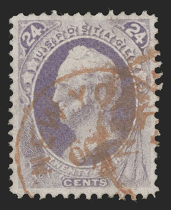 153, 24c Purple, attractive used example, exceptionally well centered and margined, strong color, bright red New York c.d.s. cancels, extremely fine 2009 PSE certificate (VF-XF
85 SMQ $210.00).