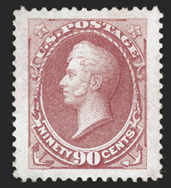166, 90c Rose carmine, perfectly centered within gigantic margins, lovely fresh color, full clean original gum that has been only lightly hinged, simply superb.This
breathtaking stamp is the most spectacular Scott 166 we have ever seen. It fe