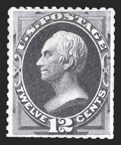 173, 12c Dark violet special printing, without gum as issued, lovely rich color on bright white paper, usual scissor separated perfs., very fine centering only about 60 copies
are recorded 1972 PF certificate.