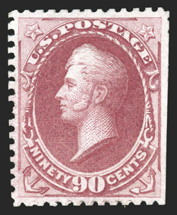 177, 90c Violet carmine special printing, without gum as issued, scissor separated perfs. as usual, though with largely intact perforations on three sides, fresh color, a fine
example of this special printing rarity approximately only 40 exam