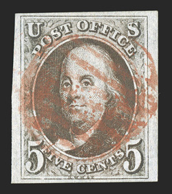 1 var., 5c Brown, dot in S variety, lovely used copy of this popular plate variety, being an especially distinctive example in extraordinarily choice condition, very large and
well balanced margins all around, strikingly intense color in a lux