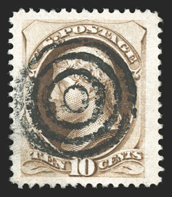 188, 10c Brown, with secret mark, striking used single that is exceedingly well centered amid huge margins, lovely fresh color, socked-on-the-nose target cancel, extremely fine
an especially large-margined gem 2009 PF certificate.