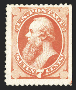 196, 7c Scarlet vermilion special printing, without gum as issued, right margin single, with natural straight edge and a portion of the arrow marker at bottom right, bright
color, large margins, tiny thin speck, otherwise very fine fewer than