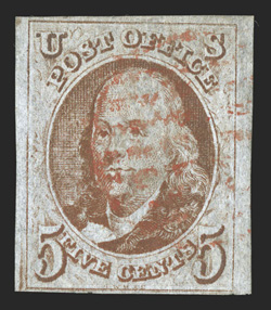 1 var., 5c Red brown, double transfer Type B, position 90R1, showing distinct double transfer of the top and bottom frame lines, four margins ranging from close at bottom to
extra-large at right, attractive color, light red grid cancel, very fin