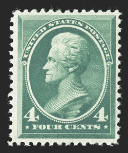 211, 4c Blue green, fresh mint single, with rich luxuriant color and a sharp detailed impression, pristine o.g., n.h., nearly very fine photocopy of a 2007 PSE certificate for
the block of eight from which this came.