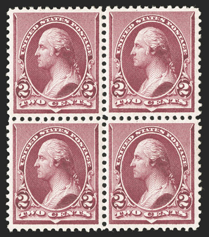 219D, 2c Lake, mint block of four, well centered and margined, fresh color, o.g., three stamps lightly hinged, bottom left stamp never hinged, very fine-extremely fine 2009 PSE
certificate.