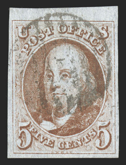 1b, 5c Orange brown, handsome top sheet-margin used example, with large even margins on the other three sides, strong distinctive color and a clear impression on fresh paper
that still retains its original bluing, light black grid cancel, extrem