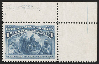 230, 1c Columbian, a striking top right corner margin single, featuring huge margins all around and being extraordinarily well centered within them, strong rich color and a
crisp detailed impression, o.g., n.h., extremely fine 1991 PF certifica