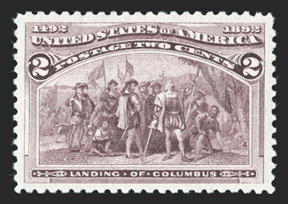 231, 2c Columbian, excellent centering within lavishly large margins, attractive color, o.g., n.h., extremely fine 2008 PSE certificate (XF-Superb 95 Jumbo SMQ $325.00 for 95
and $1,600.00 for 98).