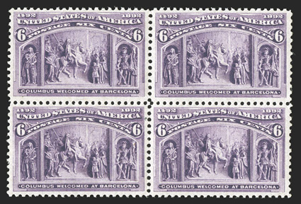 235, 6c Columbian, attractive mint block of four, post office fresh and well centered, o.g., n.h., bottom left stamp with a tiny natural inclusion, very fine-extremely
fine.