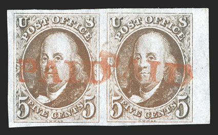 1b, 5c Orange brown, an absolutely magnificent used right sheet-margin horizontal pair, with the left stamp showing the dot in S variety, every aspect of this pair is simply
incredible, starting with its dazzling true orange brown color an