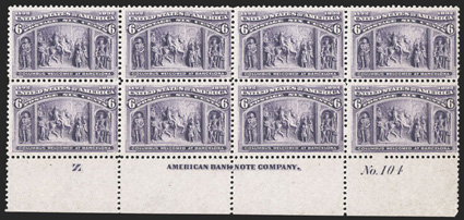 235, 6c Columbian, full bottom margin imprint and plate No. 104 block of eight, strong color, o.g., three stamps lightly hinged, balance never hinged, fine 2009 PF
certificate.