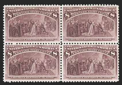236, 8c Columbian, select mint block of four, rich color and sharp impression on fresh paper, well centered, o.g., top right stamp l.h., the others all n.h., very
fine-extremely fine.