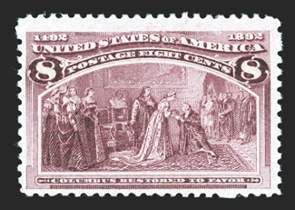 236 var., 8c Columbian, Printed on Both Sides, One Impression Inverted to the other, a pristine mint example of this controversial variety, with a rather clear (right reading)
second impression of the design on the gum side, which is inverted to