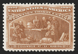 239, 30c Columbian, strong rich color, well centered and margined, o.g., never hinged, very fine 2000 PF certificate for a block of four, this being the bottom right stamp, and
a 2008 PF certificate as a single.