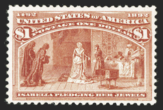241, $1.00 Columbian, a premium mint single that is uncommonly well centered within large margins, brilliantly fresh color and paper, full clean o.g., relatively lightly
hinged, choice very fine.