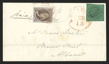 1, 5c Brown, large even margins all around, rich color and fine early printing impression, some light soiling, tied by red square grid to cover to Albany, N.Y., used in
combination with Boyds City Express 2c Black on green (20L4, two tiny