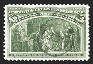 243a, $3.00 Columbian, the olive green shade, impressive used single, exceptionally well centered and margined, sumptuously rich color and a well defined impression, light
target cancel, owners handstamp on reverse, extremely fine clear 1985 P