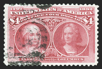 244, $4.00 Columbian, premium quality used example, exceedingly well centered within large margins, bright fresh color, light duplex cancel, extremely fine a choice used Four
Dollar Columbian 1982 PF certificate.