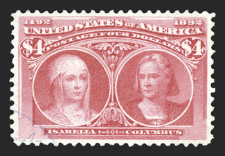 244, $4.00 Columbian, excellent centering, attractive color, light cancel which the PSE certificate states is genuine but the PF declines opinion as to whether it is
contemporary, extremely fine appearance 1989 PSE and 2010 PF certificates as n