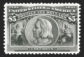 245, $5.00 Columbian, impressive unused example, uncommonly well centered within especially large margins, exceedingly bright and fresh, extremely fine 2001 PF
certificate.