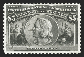 245, $5.00 Columbian, used, nicely centered and margined, strong impression, c.d.s. cancel that is unusually light, very fine 1983 PF certificate.