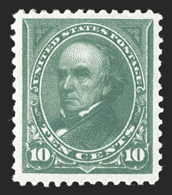 258, 10c Dark green, highly select mint example of this difficult value, wonderfully well centered amid lavishly large margins all around which are quite uncharacteristic of
this, deep rich color, o.g., extremely fine 2007 PF certificate (XF 90