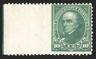 258 var., 10c Dark green, imperforate at left, sheet margin single with wide left imperforate sheet margin, rich color, large part o.g. redistributed over thin spots, fine
appearance a very scarce and highly collectable variety 2001 PF certifi