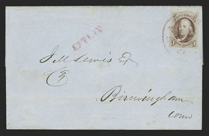 1, 5c Red brown, top sheet-margin single, with large margins on the other three sides, strong fresh color and a detailed impression, tied by magenta Hartford, Ct. datestamp with
integral 5 rate to 1849 folded letter to Birmingham, Ct., mat