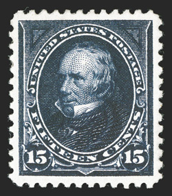 259, 15c Dark blue, excellent centering within uncharacteristically large margins, deep prooflike color and impression on immaculate white paper, o.g., lightly hinged,
extremely fine a stamp with great eye appeal 1991 PF certificate.
