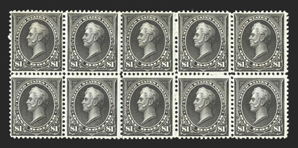 261, 261A, $1.00 Black, Ty. I and Ty. II se-tenant, a pristine mint block of ten (5x2), the left block of six Ty. I and the right block of four Ty. II, reasonably well centered
for such a large multiple of this scarce stamp, rich color and sharp