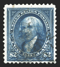 262, $2.00 Bright blue, used, deep intense color and impression on pristine paper, tiny trace of a perf. scuff at top left, otherwise very fine clear 1987 PF
certificate.