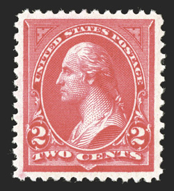 266, 2c Carmine, Ty. II, a fabulous quality mint single that is among the finest we have ever offered, as it boasts perfect centering amid much larger margins than normally
found, radiant color and a clean impression on fresh paper, unblemis