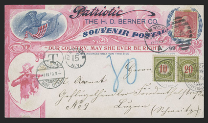 267, 2c Carmine, Ty. III, single tied to a spectacular multicolored Spanish American War patriotic souvenir postal card by New-YorkSep 198 duplex postmark, addressed to
Lucerne, Switzerland, when upon arrival two Swiss postage dues (