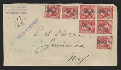 267, 2c Carmine, Ty. III, five singles and a horizontal pair, each cancelled by a particularly well-struck kicking mule fancy cancel on registered cover to Jamaica, N.Y.,
violet straightline Registered and green three-line Registered,Oct