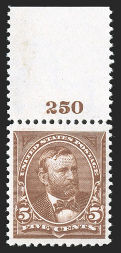 270, 5c Chocolate, handsome top margin plate no. 250 single, exceptionally well centered within lavish margins, brilliantly rich color, o.g., n.h., extremely fine 2010 PSE
certificate (XF 90 Jumbo SMQ $300.00 for 90 and $850.00 for 95).