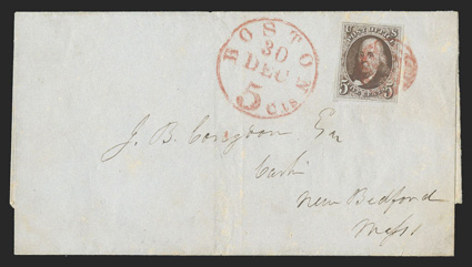 1a, 5c Dark brown, single with four full to large margins, rich luxuriant color and an especially strong impression, small horizontal scissor cut in the bottom margin at left
(easily trimmed) tied by red grid with matching Boston c.d.s. on folde