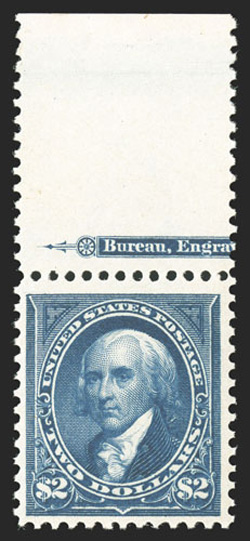 277, $2.00 Bright blue, top sheet-margin partial imprint single, exceedingly bright and fresh, with deep luxuriant color and a razor-sharp impression on pristine white paper,
o.g., never hinged, very fine 2005 PSE certificate.