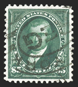 278, $5.00 Dark green, select used single, excellent centering within generous margins, deep luxuriant color on fresh paper, New York double oval registry postmark, extremely
fine 2007 PSE certificate (XF 90 SMQ $1,050.00).