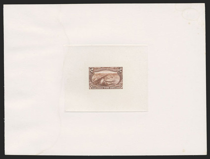 285-293P1, 1c-$2.00 Trans-Mississippi, large die proofs on India sunk on 123x152mm card, each with a light water stain at left which just touches the die sinkage area,
otherwise a very fine set.