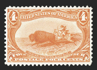 287, 4c Trans-Mississippi, exceptionally well centered and margined, bright color, o.g., n.h., extremely fine 2010 PSE certificate (VF-XF 85 SMQ $530.00).