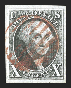 2, 10c Black, exceptionally large and wonderfully well balanced margins all around, superb prooflike color and impression on immaculate paper, light central strike of a very
attractive red grid cancel, an extremely fine gem for the perfectionist