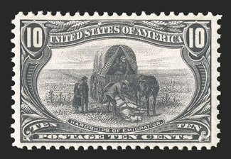 290, 10c Trans-Mississippi, uncommonly well centered within wide margins, lovely rich color, o.g., n.h., choice very fine 2010 PSE certificate (VF-XF 85 SMQ
$730.00).