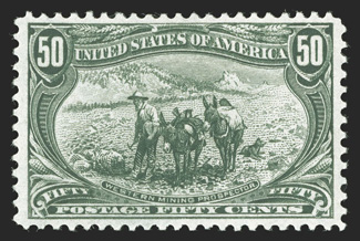 291, 50c Trans-Mississippi, well centered amid wide margins, lovely rich color and a well defined impression, o.g., lightly hinged, choice very fine 1993 PF
certificate.