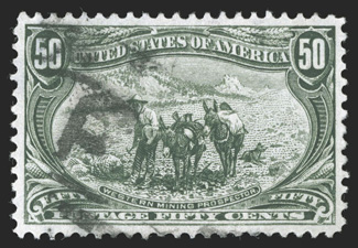 291, 50c Trans-Mississippi, used, excellent centering within large margins, rich color, lightly cancelled, extremely fine 2008 PSE certificate (XF 90 SMQ
$500.00).