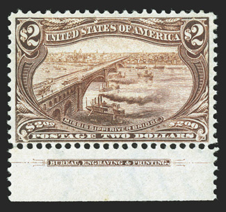 293, $2.00 Trans-Mississippi, bottom margin imprint single, uncommonly large margins for this high value, rich color, o.g., lightly hinged, very fine 2007 PF certificate for a
pair, this being the left stamp.